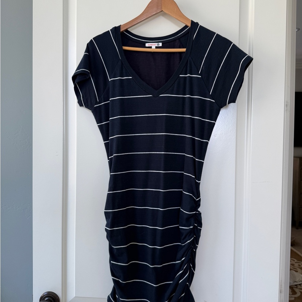 Anthropologie Sundry Navy and White Striped V-Neck Dress - size 1